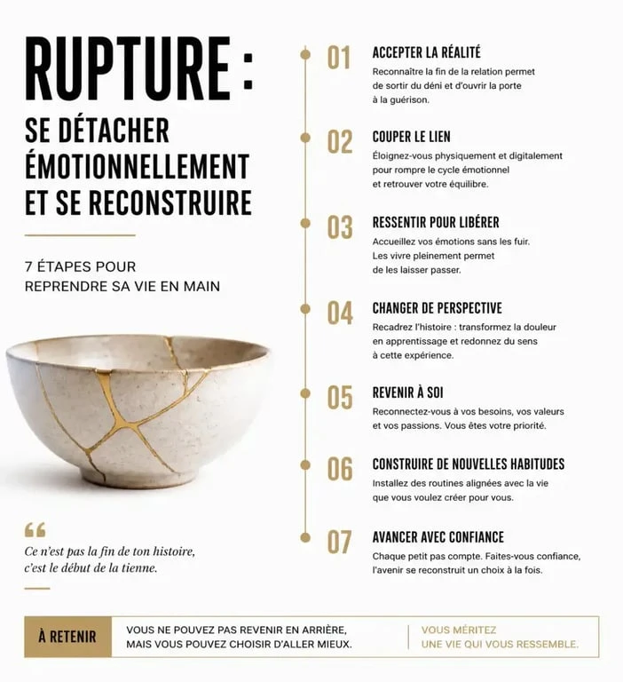 Infographie sur les étapes pour couper les ponts avec quelqu'un qu'on aime et réussir sa reconstruction personnelle