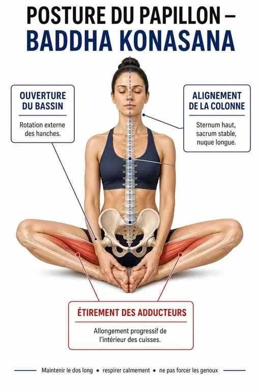Infographie des bénéfices anatomiques de la position le papillon Baddha Konasana