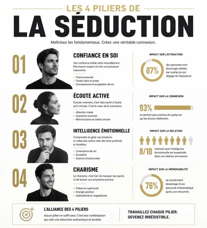 Infographie des 4 piliers du pouvoir de séduction : confiance, écoute, intelligence émotionnelle et charisme.