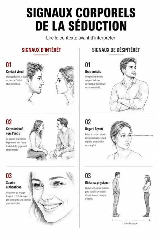 Infographie sur les signaux d'intérêt et de désintérêt pour savoir comment draguer une fille
