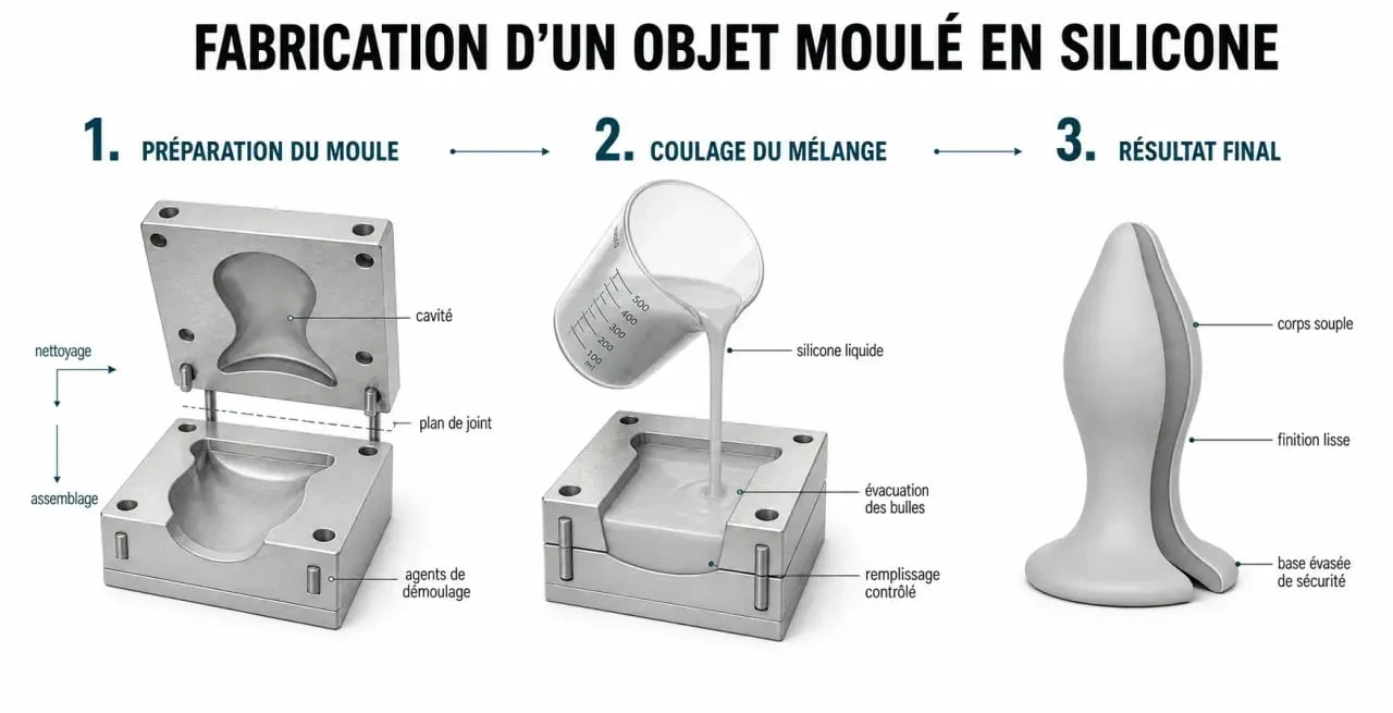 Schéma explicatif des étapes de fabrication d'un gode maison en silicone sécurisé