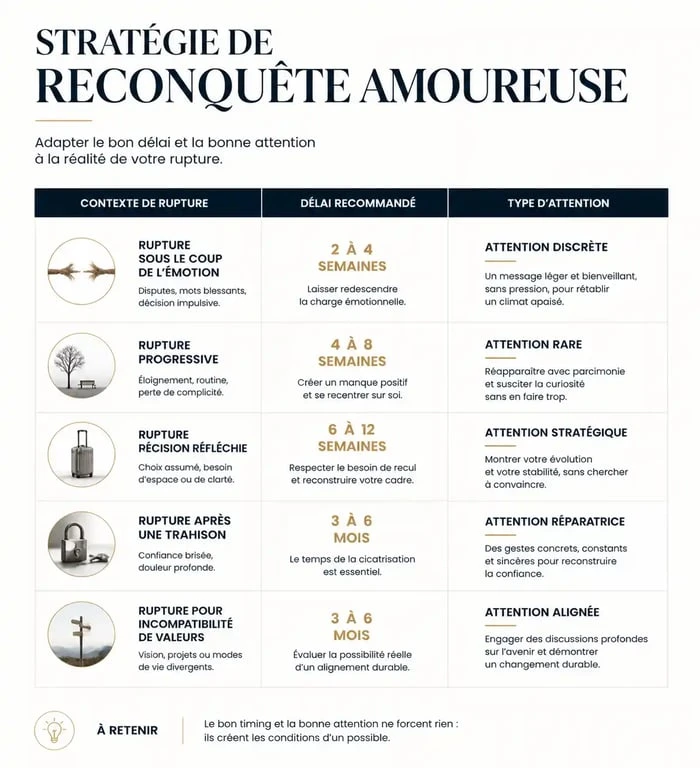 Tableau récapitulatif des délais et types de petites attentions pour récupérer son ex