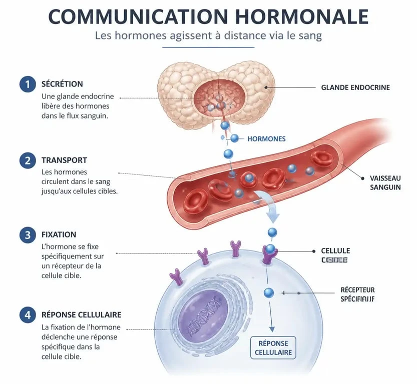 Schéma explicatif du fonctionnement d'une hormone et de son interaction avec une cellule cible dans le corps humain