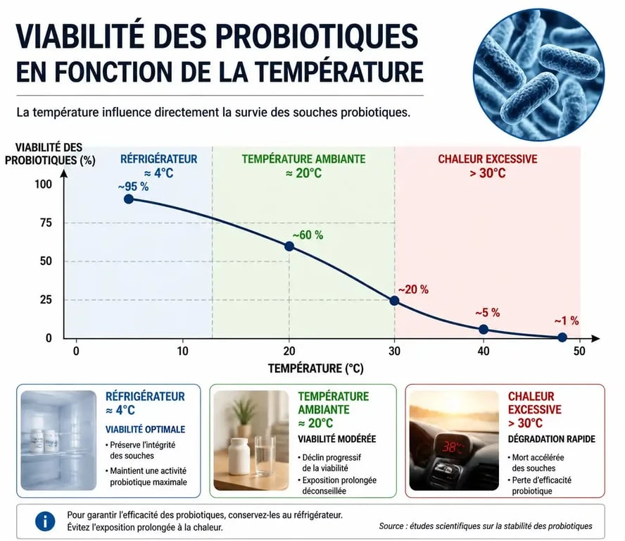 Infographie sur la conservation optimale des probiotiques Ergyphilus Intima et l'impact de la température sur l'efficacité des souches