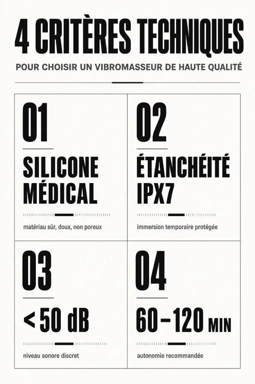 Infographie des critères techniques pour choisir un vibromasseur noir de qualité : silicone, étanchéité, silence et autonomie.
