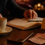 Il me tourne autour mais ne fait rien : tension et choix, tasse, carnet et tickets sur table