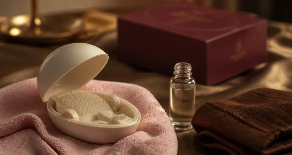 Œuf masturbateur en élastomère, lubrifiant et linge de toilette
