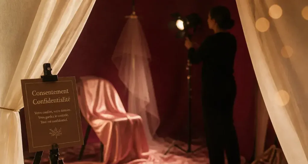 Photographe nu femme en studio clair-obscur, rideau ivoire et pose intimiste