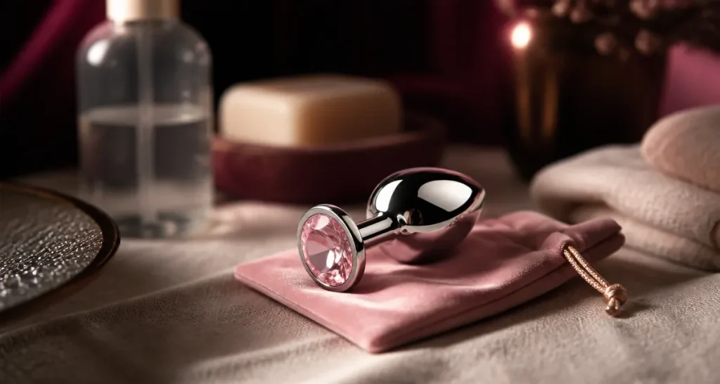 Plug anal diamant, acier poli sur serviette en lin, esthétique et confort
