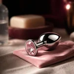 Plug anal diamant, acier poli sur serviette en lin, esthétique et confort