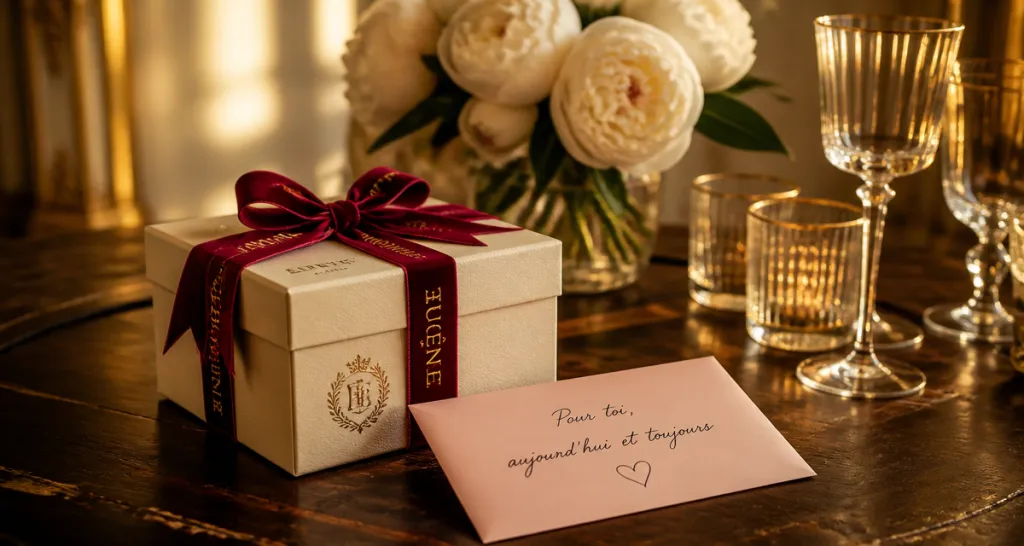 Quoi offrir aux mariés coffret cadeau sur table romantique