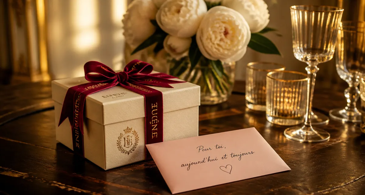 Quoi offrir aux mariés coffret cadeau sur table romantique