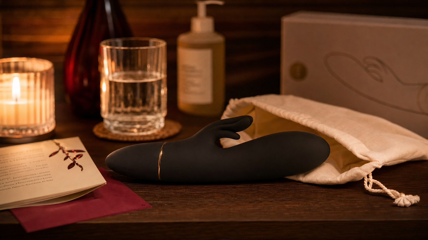 Vibromasseur noir rabbit en silicone sur table de nuit