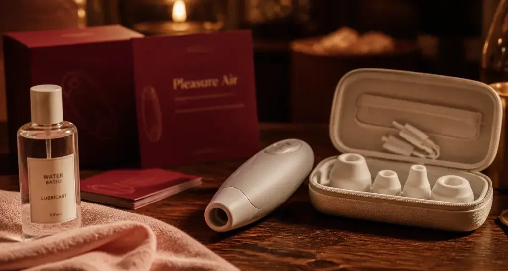Womanizer test Pleasure Air 14 niveaux : appareil gris perle en intérieur cocooning