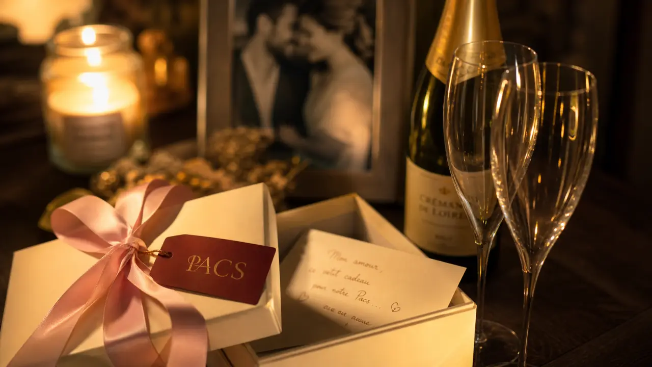 Cadeau PACS personnalisé : boîte, vin et carte