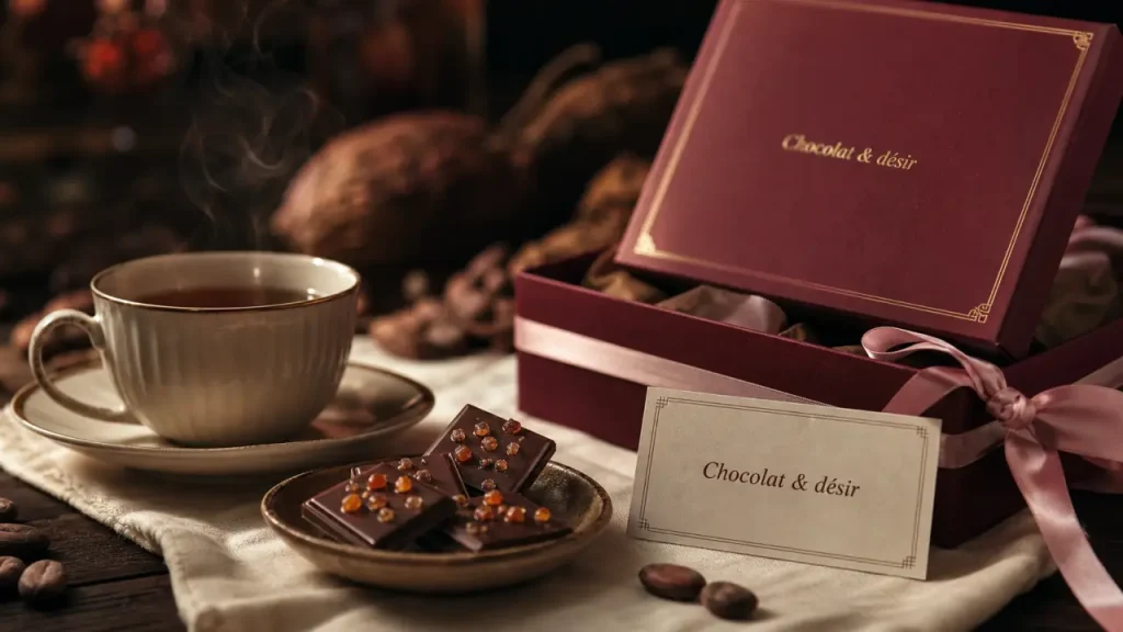 Chocolat sex noir 71% sur table bois sombre, bokeh cacao et lumière chaude