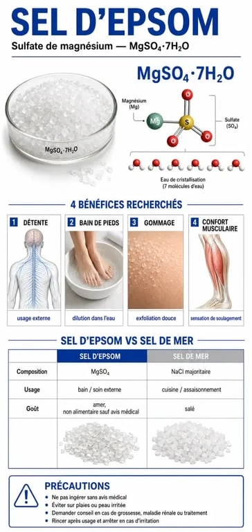 Infographie sur les bienfaits du sel d epsom, ses usages et précautions