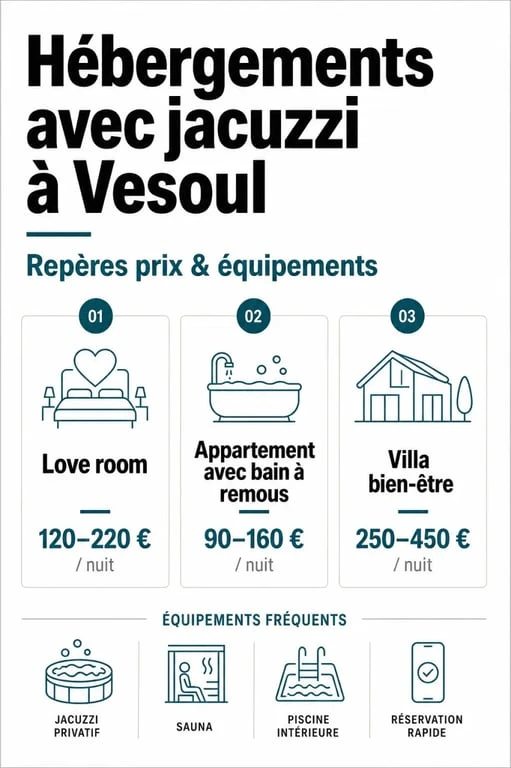 Jacuzzi Vesoul : comparaison visuelle des hébergements avec prix, spa privatif et options bien-être
