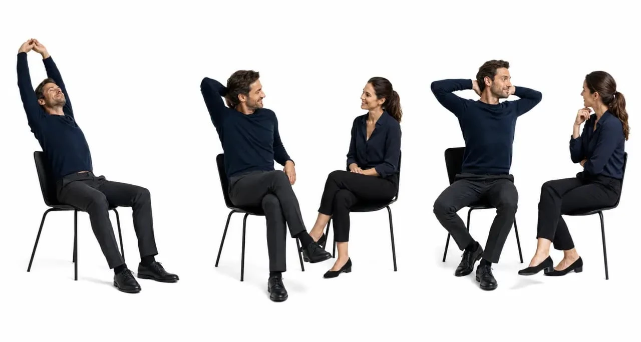Un homme qui s'étire devant une femme signification : illustration comparative des signes de fatigue, d’aisance et de flirt