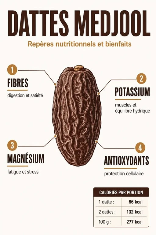 Infographie des dattes medjool bienfaits pour la digestion, l’énergie et les minéraux