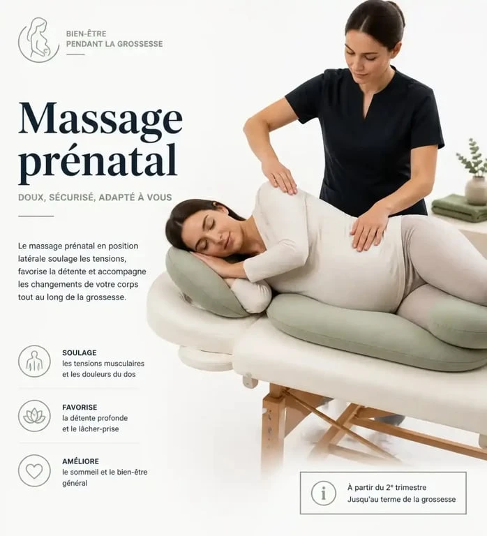 Massage pour femme enceinte en position latérale avec coussins de grossesse