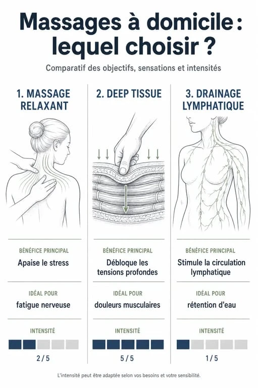 Tableau comparatif des types de massages pour une séance de masseur à domicile