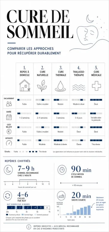 Infographie comparative sur la cure de sommeil, ses types et ses repères pour mieux dormir