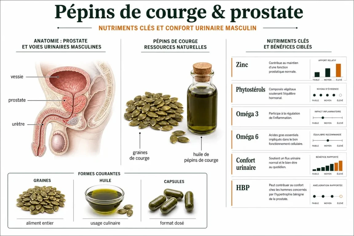 Infographie sur prostate et graines de courge, avec prostate, voies urinaires et formes graines, huile et capsules