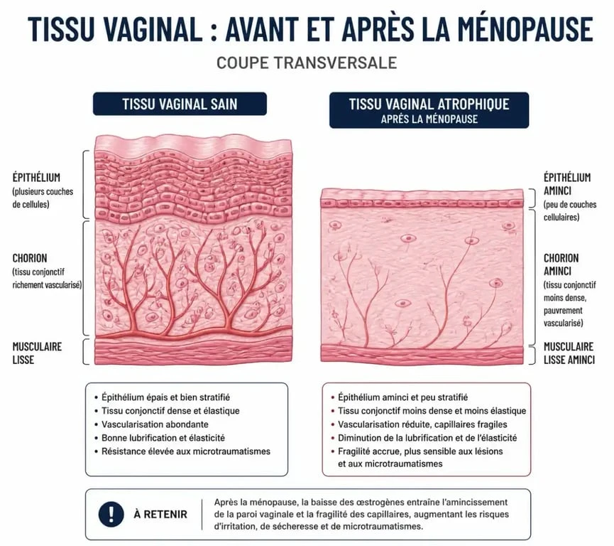Schéma explicatif de l'atrophie vulvovaginale responsable de pertes rosées après la ménopause