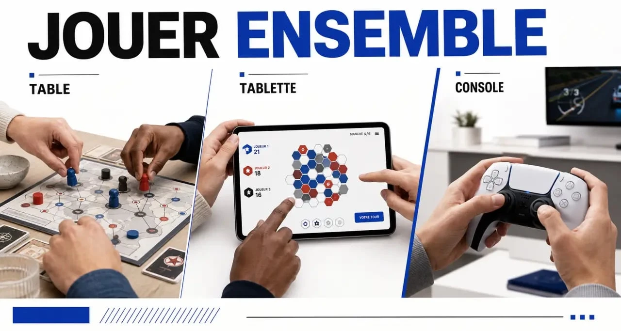 Illustration montrant différentes manières de jouer à 3, incluant jeux de société, jeux sur tablette et jeux vidéo sur console.