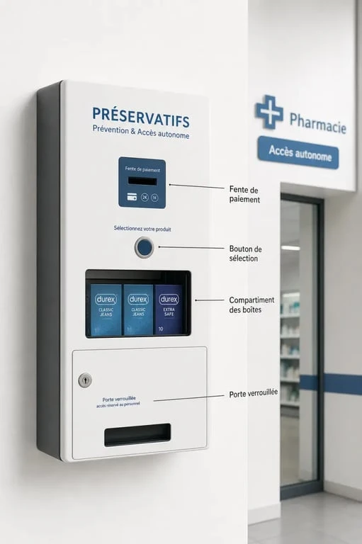 Distributeur de preservatifs mural installé dans une pharmacie, illustrant l’accès discret et autonome