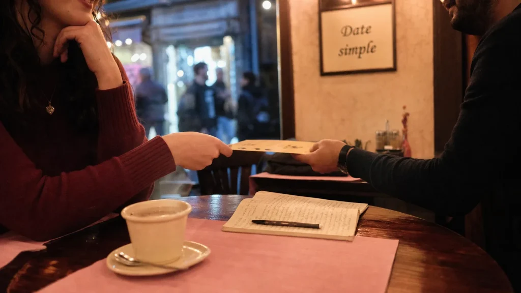 Idée de date : deux personnes en café, première rencontre, mains qui se frôlent