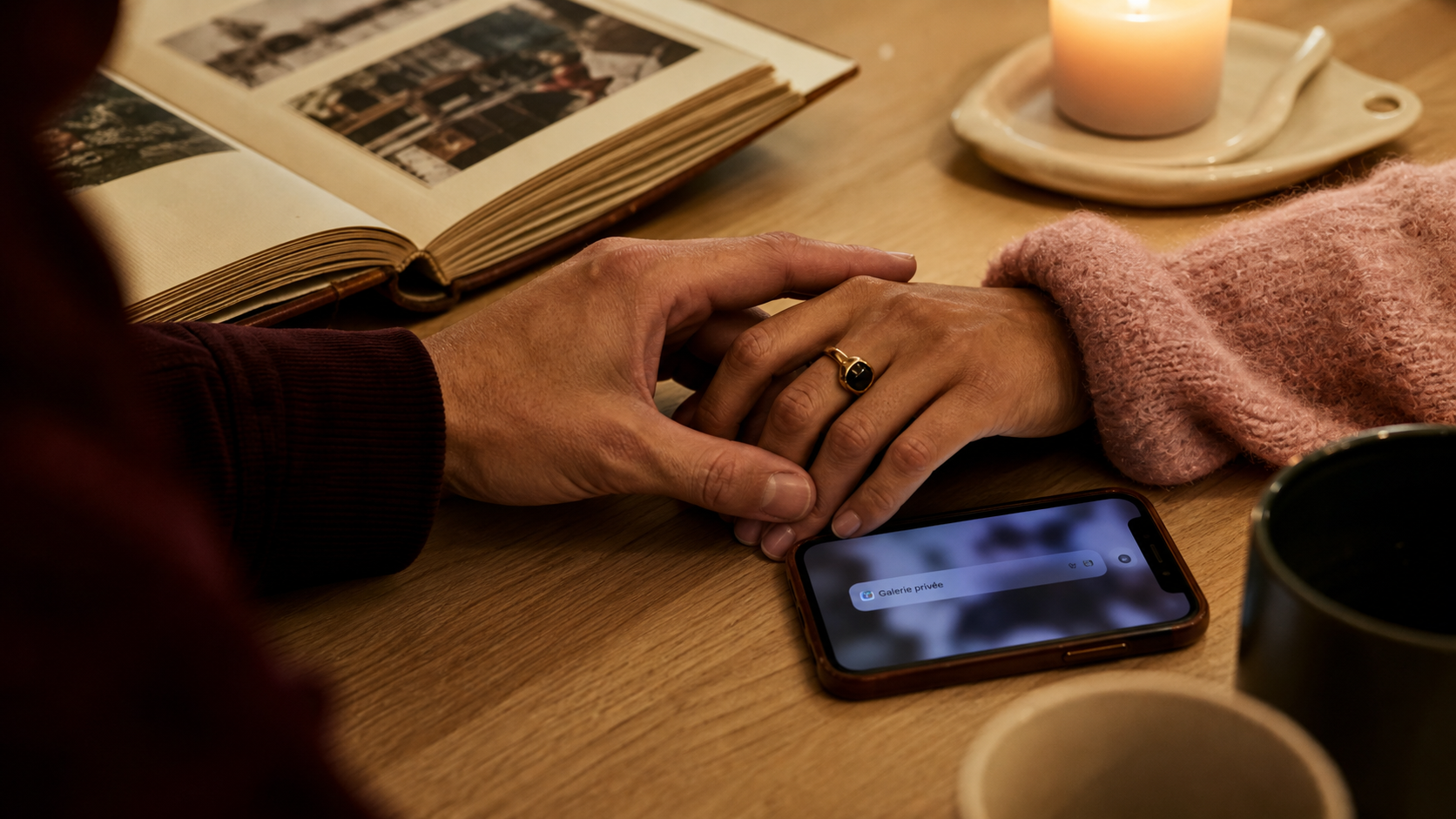 Je montre mon couple en ligne : mains entrelacées, écran “Galerie privée”