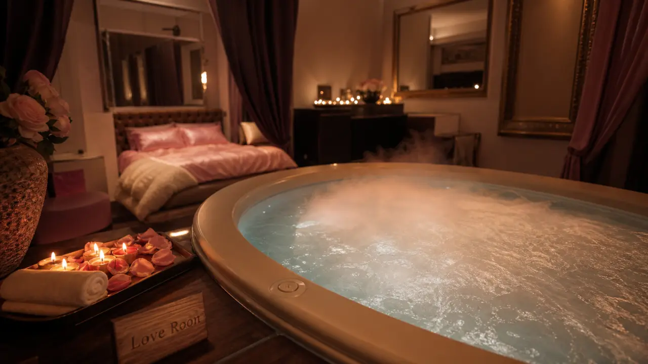 Jacuzzi privatif d'une love room aux chandelles avec pétales de rose