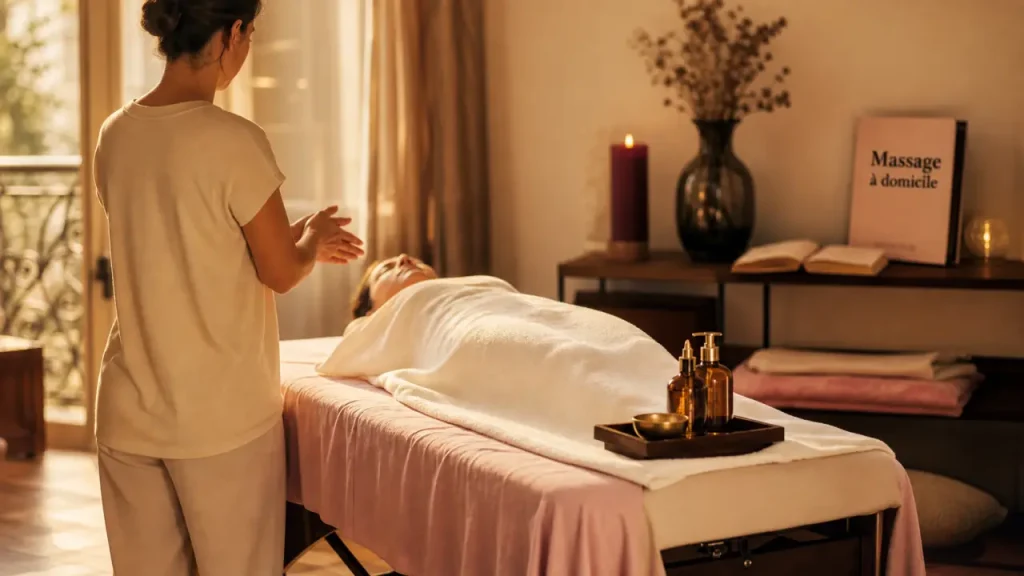 Massage a domicile : praticien prépare ses mains sur table de massage portable