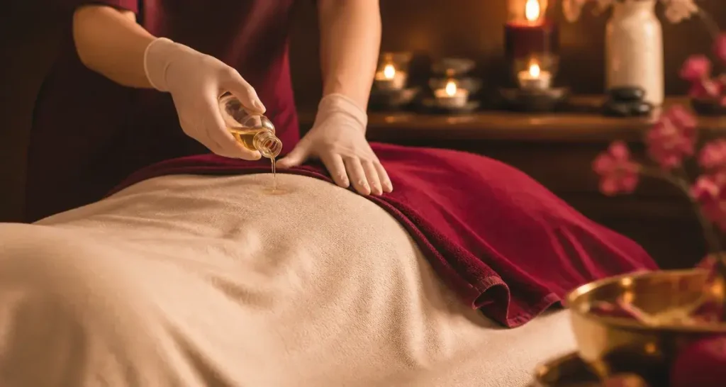 Massage aux huiles chaudes au spa, huile tiède sur le dos, peau nourrie