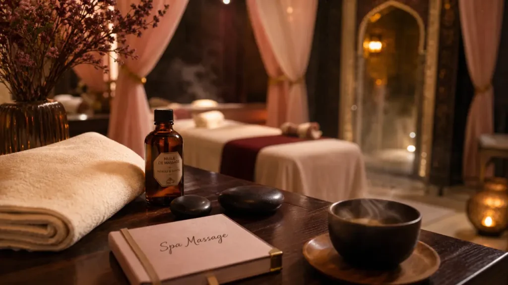 Spa massage Lyon : intérieur d’un spa premium avec table et cabine