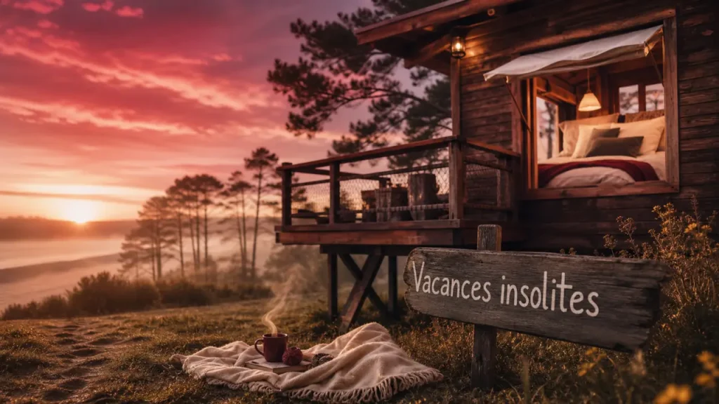 Vacances insolites France : cabane perchée avec terrasse, coucher du soleil