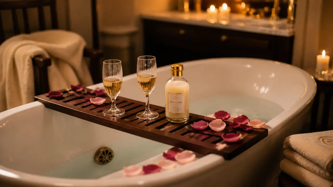 Bain romantique 37 °C, salle de bain douce, eau tiède et pétales de rose