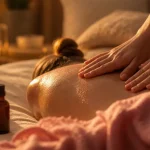Comment faire un massage amoureux : mains appliquant doucement de l’huile chaude sur le haut du dos