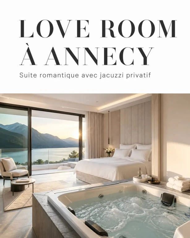 Love room Annecy avec jacuzzi privatif et vue sur le lac au coucher du soleil