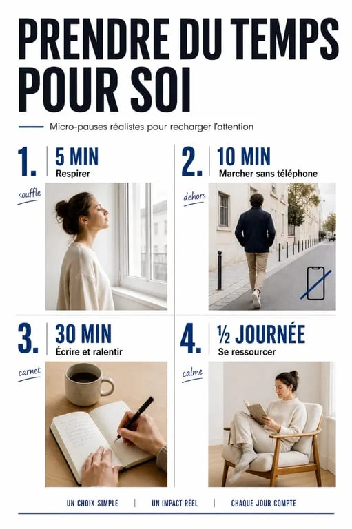 Prendre du temps pour soi : synthèse visuelle des micro-pauses et routines de 5 à 30 minutes
