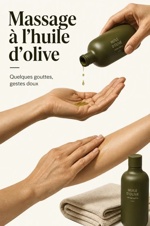 Massage huile olive : application douce sur l’avant-bras avec quelques gouttes d’huile d’olive