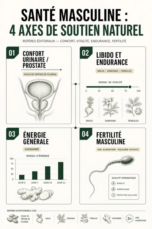 Infographie sur le bien-être masculin durable avec prostate, libido, énergie et fertilité