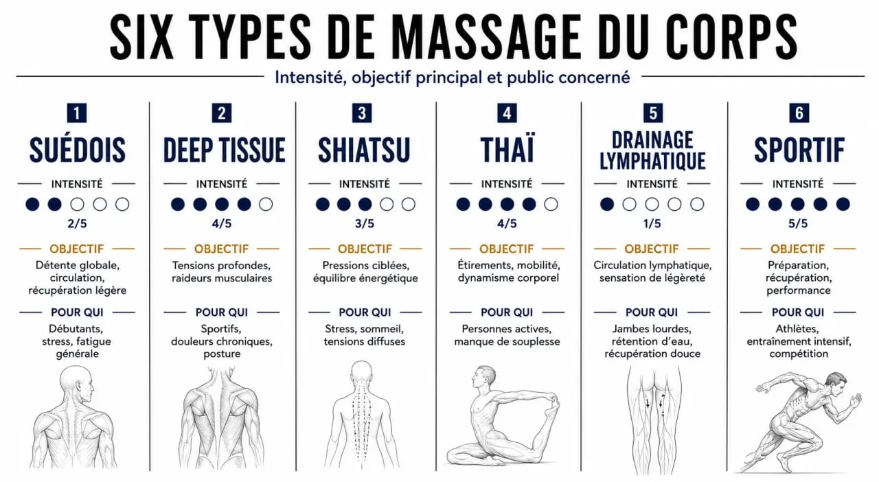 Massage du corp : infographie comparative des principaux types de massages, de leur intensité et de leurs bienfaits