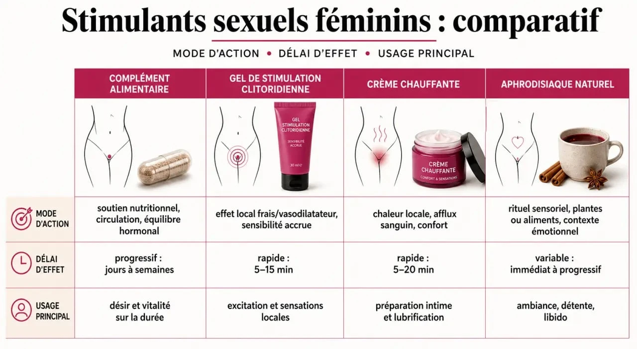 Comparatif des types de stimulant sexuel femmes : complément, gel, crème et aphrodisiaque naturel
