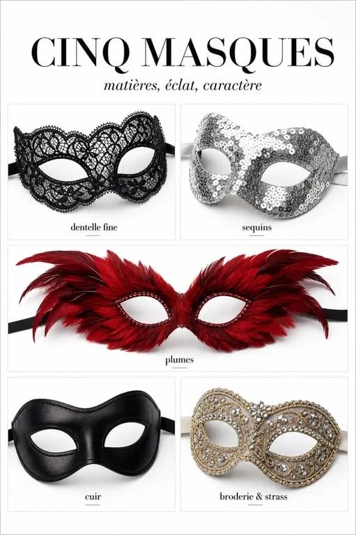 Masque sexy en dentelle, sequins, plumes, cuir et broderie présenté dans une composition éditoriale comparative
