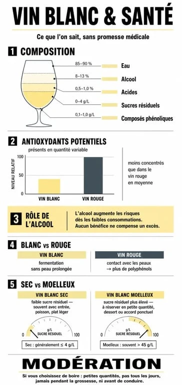 Le vin blanc est il bon pour la santé : infographie sur ses composés, ses effets potentiels et les limites de la modération