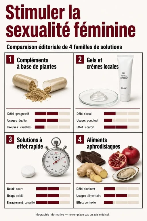 Stimulant sexe femme : comparaison visuelle des options naturelles, topiques et à effet rapide