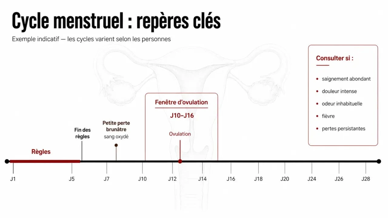 Perte marron 1 semaine après les règles : schéma du cycle menstruel, sang oxydé et signes à surveiller